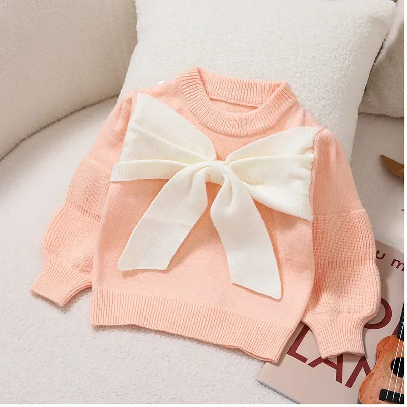 Kids Sweaters New Autumn Winter Round Collar Long Sleeves Solid Color Knit Pullover Nice Large Butterfly-knot Girls Tops GY10191