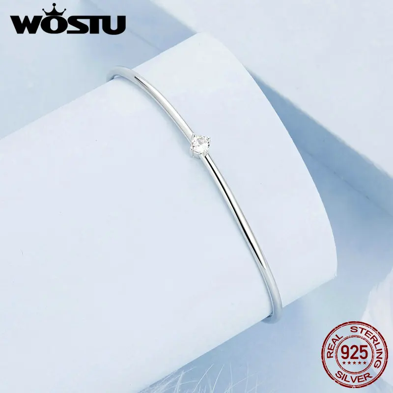 WOSTU 925 Sterling Silver Minimalism Jewelry Bangle Chain Bracelet For Women Adjustable Simple CZ Wedding Bracelets Party Gift