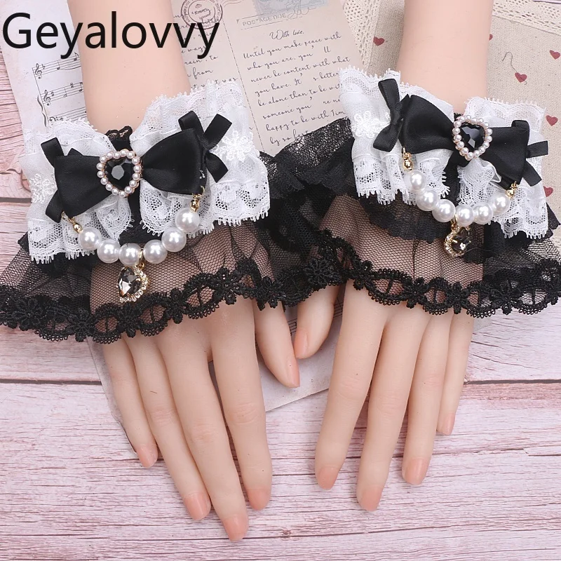 Penghangat Lengan Wanita Gaya Jepang Femme Manis dan Lucu Sehelai Kain Di Atas Wanita Aksesori Lolita Lengan Tangan Renda Pita untuk Anak Perempuan