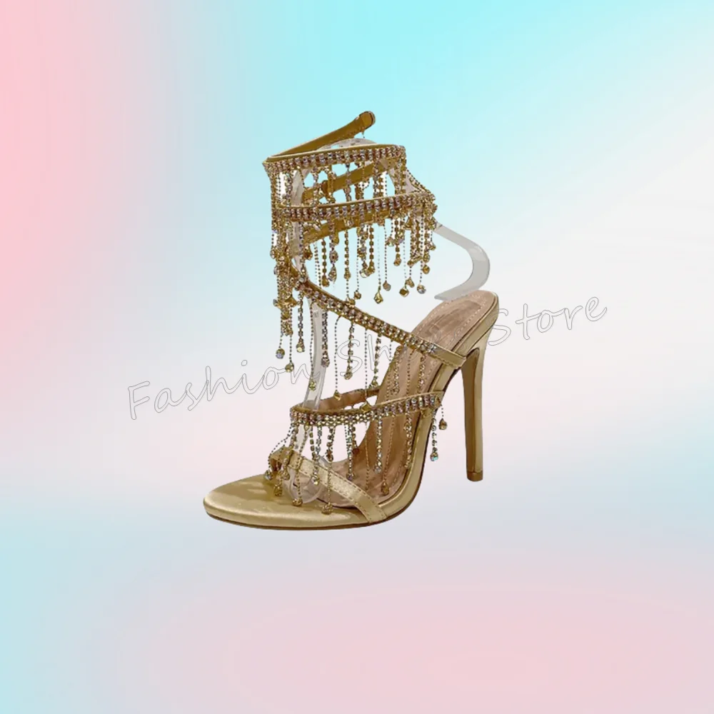 

Gold Crystal Chain Open Toe Sandals Stilettos High Heels High Heel Shoes for Women Fashion Heels 2025 New Zapatos Para Mujere