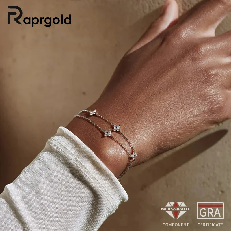 

RAPRGOLD 2mm Full Moissanite Four Leaf Clover Bracelets for Women 14K Gold Filled Bracelets Chain Wedding Jewelry Gifts Bangle