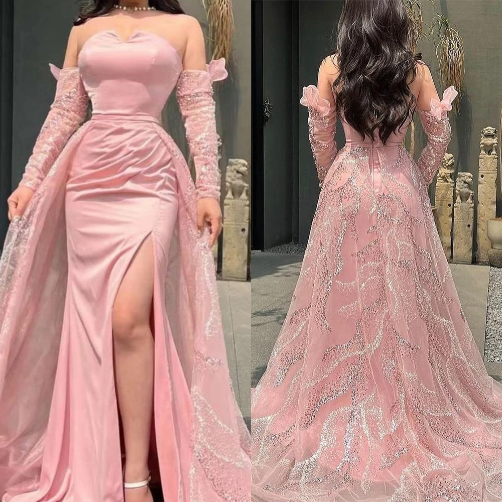 Personalizado sem alças manga destacável sereia vestido de noite fenda lateral sexy vestidos de festa delicado vestido de ocasião especial