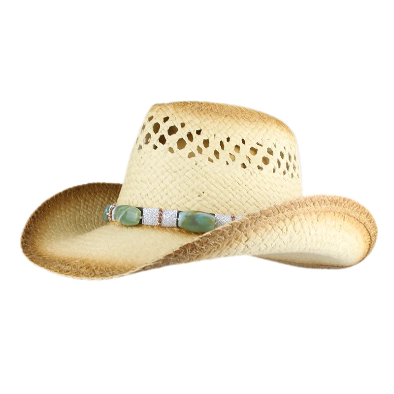 Vintage Retro Bohemian Turquoise Beads Leather Belt Hollowed Out Women Men Straw Wide Brim Beach Cowboy Cowgirl Western Sun Hat