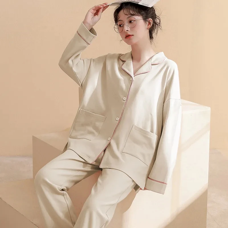 Cotton Women Cotton Pajamas Set for Women Autumn Long Sleeve Pyjama Sleepwear Homewear Loungewear Solid Color Pijama