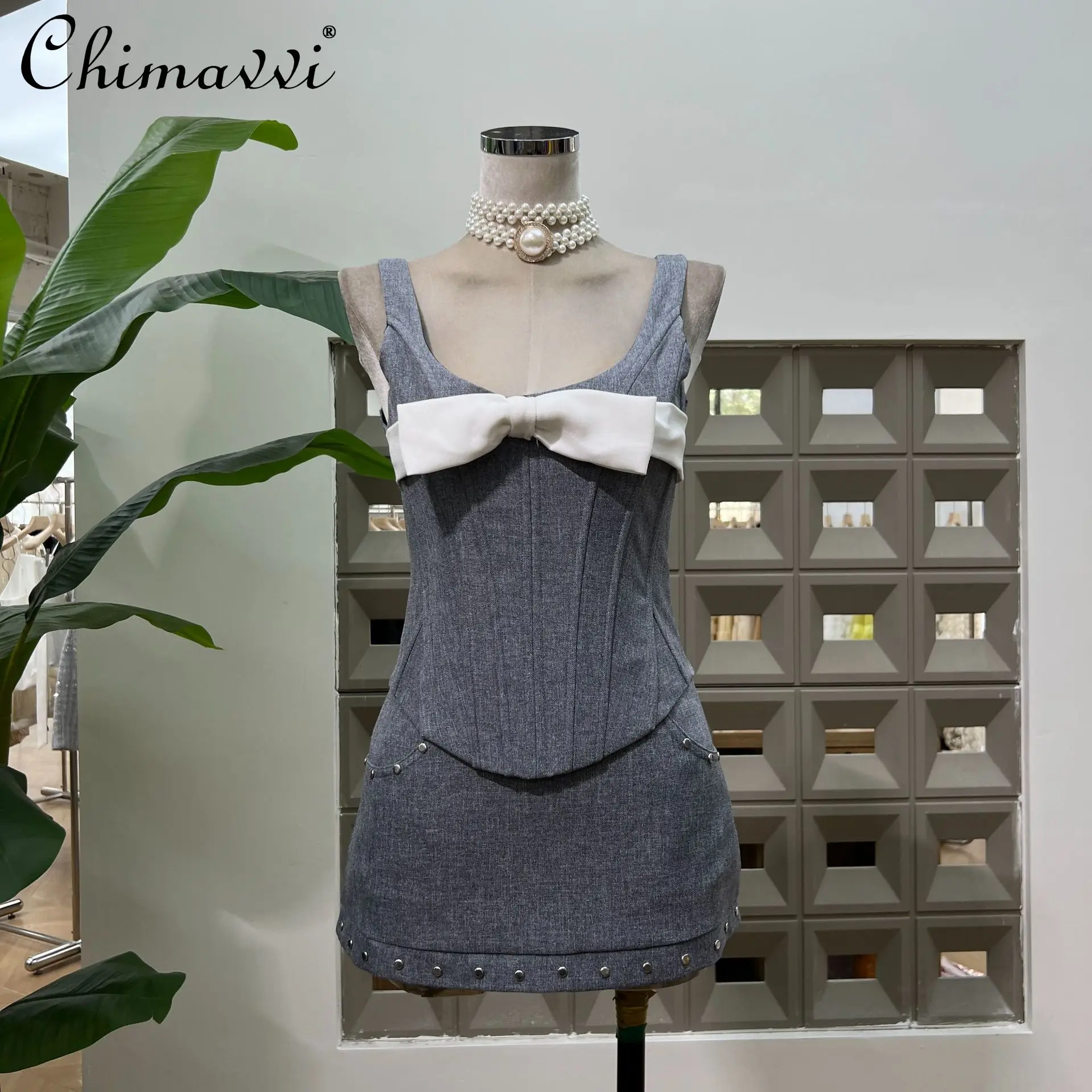 

French Elegant Temperament Socialite Bow Lace-up Fishbone Slim Top High Waist Bodycon Mini Skirt Two-Piece Set For Women Summer