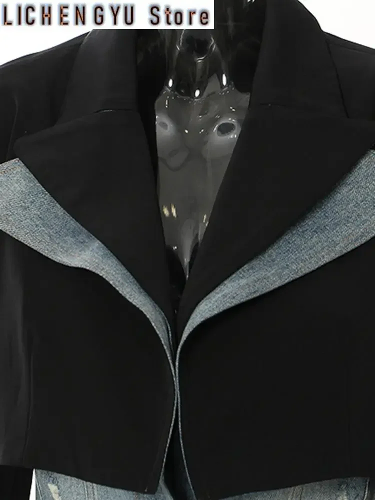 Loose Fit Black Denim Color-block Long Jacket New Lapel Long Sleeve Women Coat Fashion Tide Spring Autumn