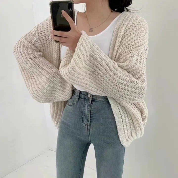 Women Knit Cardigan Loose V Neck Sweater Coats Lantern Sleeve Work Jumpers Y2k Streetwear Elegant Open Stitch 2026 Autumn Winter