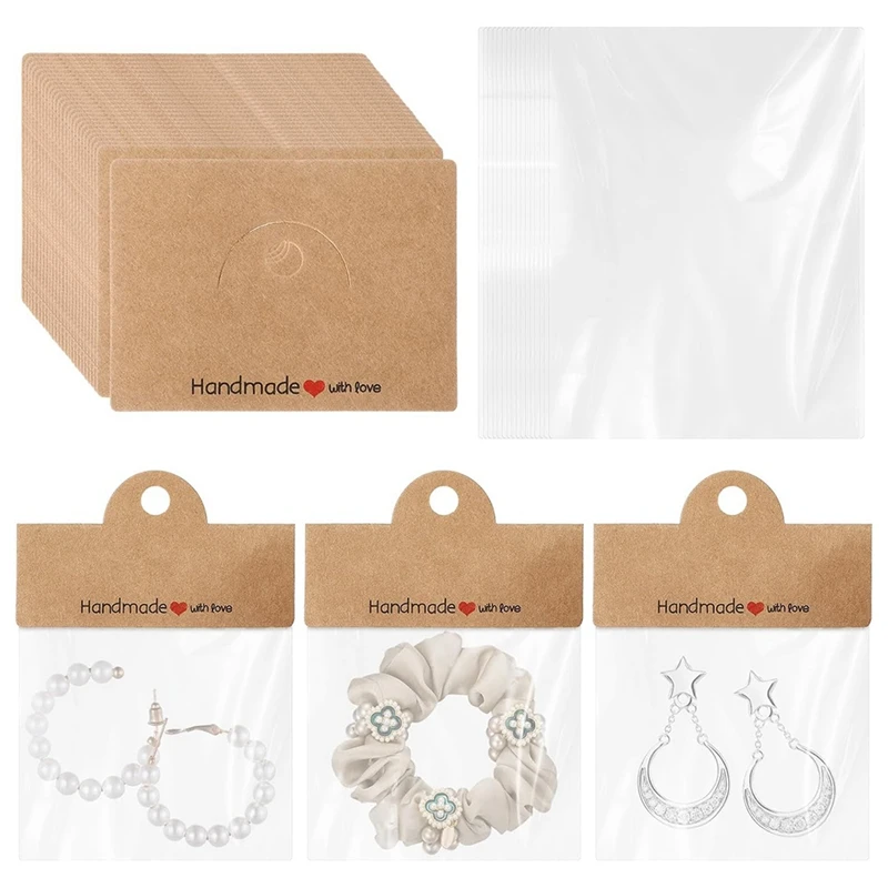 100Pcs Earring Display Cards With Bags, Kraft Necklace Jewelry Holder Cardboard, Jewelry Card With100 Self Sealing Bags