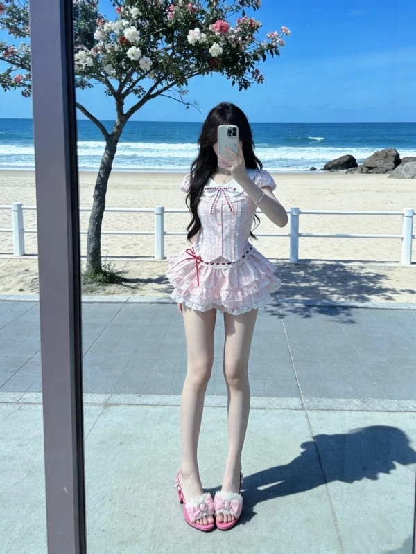 Nuevo Conjunto de Dos Piezas de Verano para Mujer: Falda Midi de Gasa con Diseño de Cuello de Muñeca, Estampado de Puntos Dulces y Suaves, y Ajuste Delgado, a la Moda