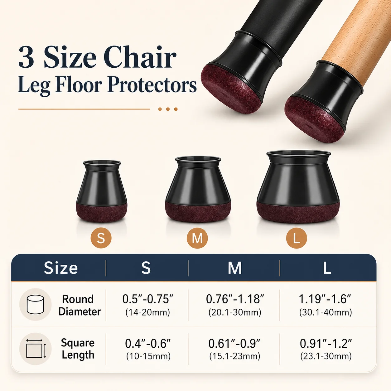 24 Pcs XS Round Chair Leg Floor Protectors, Black Silicone Furniture Leg Caps with Wrapped Felt Pads, Anti-Scratch Noise Reducti