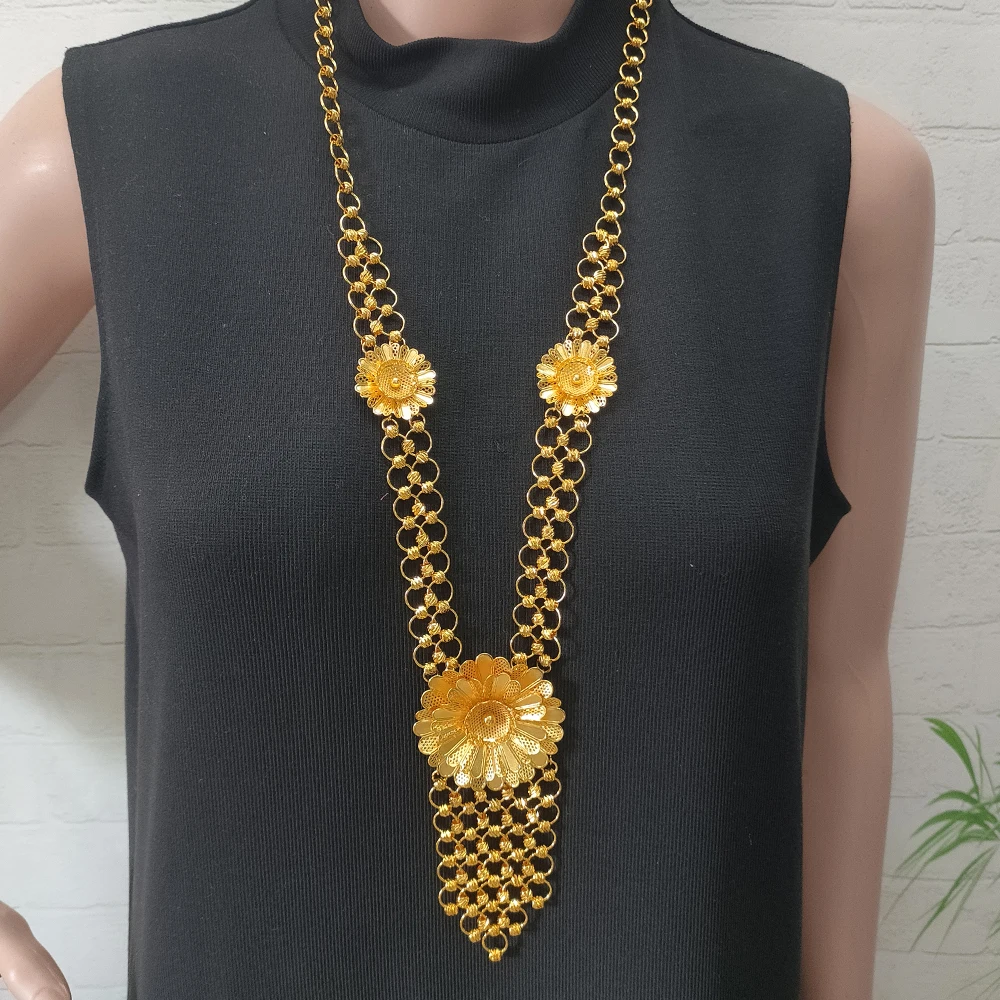 GDJWRI Ethiopian Fashion Gold Color Long Chain Necklace Earrings Sets For Women African Wedding Arab Bridal Dubai Jewelry Gifts
