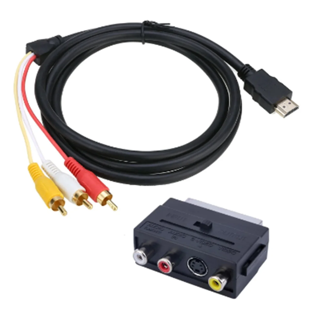 AB02 2-In-1 Adapter Cable HDMI-Compatible to RCA Scart Cable Audio Connector Male S-Video to 3 RCA Scart for TV RCA Port