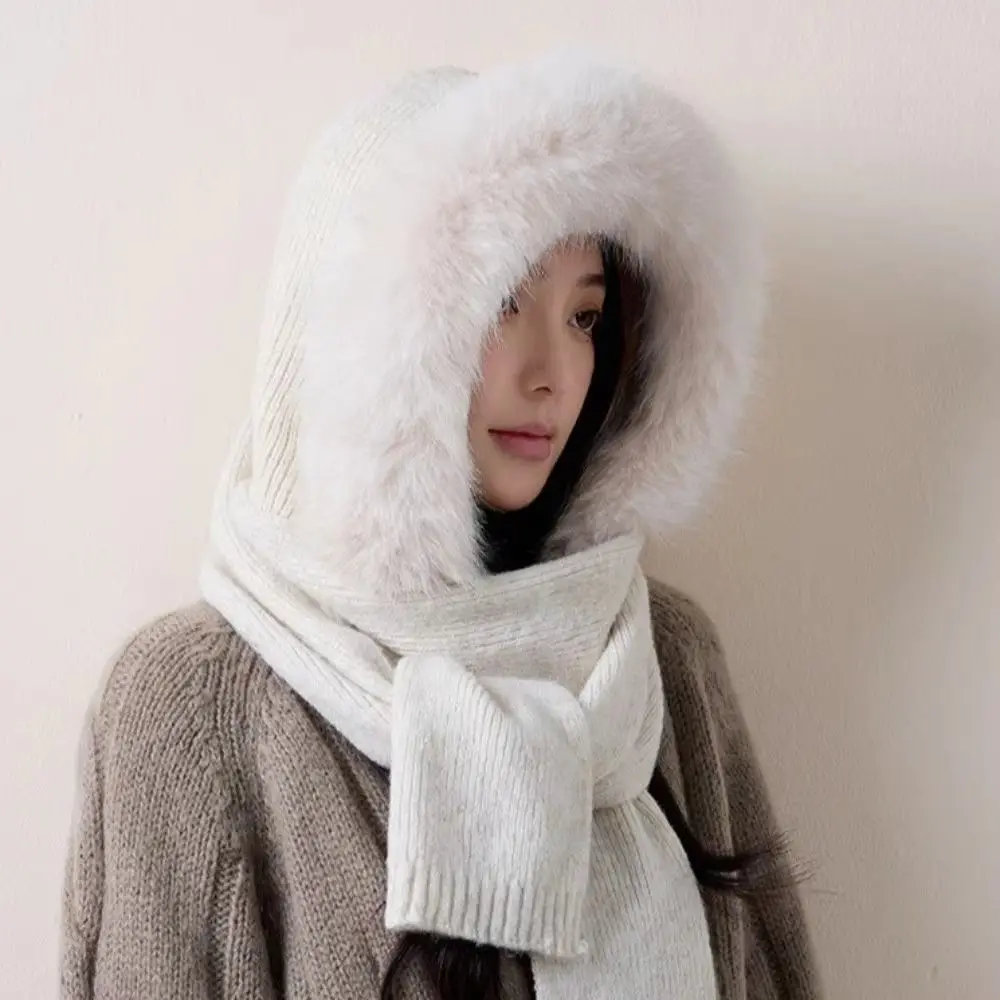 Niedliche Wollmischung Strickmütze Balaclava Mütze mit Kapuze und Schal Warme Einfarbige Mütze und Schal 2-in-1 Winter/Herbst – Detail 10