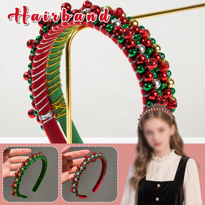 

Festive Christmas Headband with Red Green Beads and Cute Bells Holiday Party Accessory for Women Girls Celebration Wear