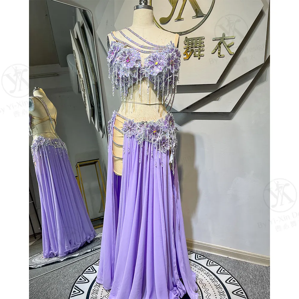 

Women's Lavender Belly Dance Costume Set, 3D Floral Beaded Fringe Top & Split Skirt, Professional Stage Performance Outfit