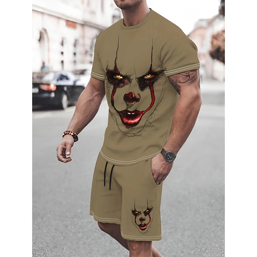 2024 3D printed fashionable solid color men\'s short sleeved shorts set with clown pattern summer casual home travel set