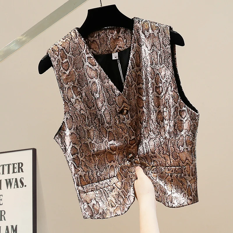 

Модный жилет с эффектом змеиной кожи, с пайетками, в стиле ретро, для сцены, универсальный, для повседневной носки, трендовый, для офиса
