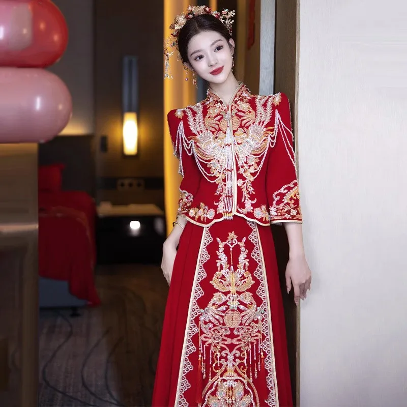 

Новое бархатное свадебное платье в китайском стиле, платье дракона и феникса, тост тяжелой промышленности