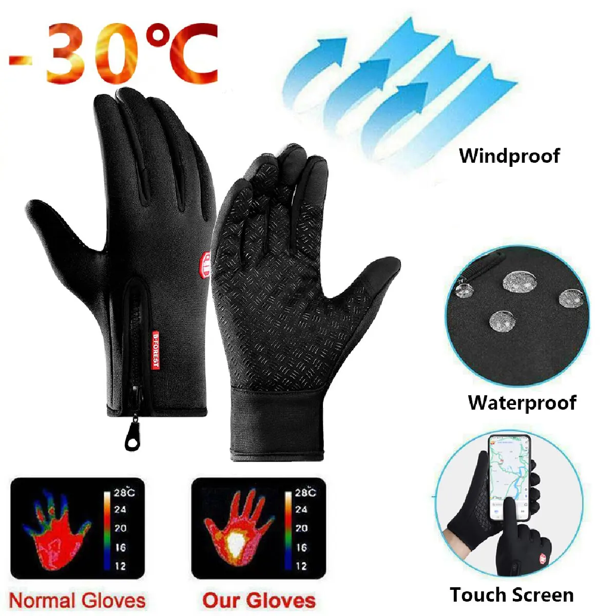 Winter Gloves For Men Waterproof Windproof Cold Gloves Snowboard Motorcycle Riding Driving Warm Touchscreen Zipper Glove