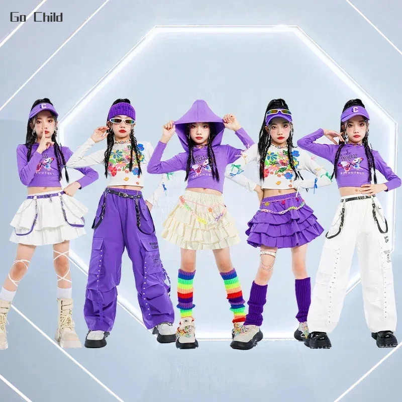 

Укороченные толстовки K-pop для девочек в стиле хип-хоп, штаны-карго для уличных танцев, детская уличная одежда, многоуровневые юбки, детские джазовые фиолетовые костюмы, комплекты одежды