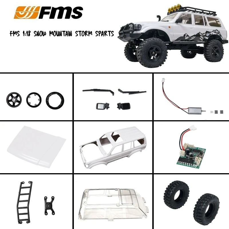 Fms 1:18 ze wzorem ośnieżonych gór Storm RC opona samochodowa osłona okna odbiornik bagażnik naklejka na silnik układ sterowania akcesoria