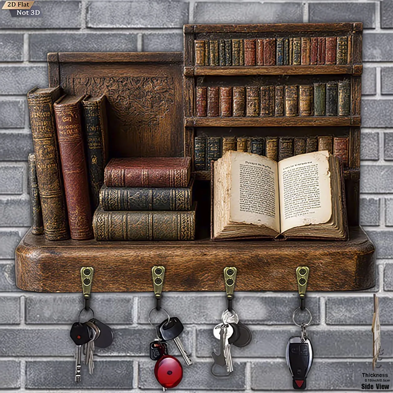 Antique Open Book Key Hanger, 2D Flat Print Old Leather Books Design, Wall Mounted Key Holder