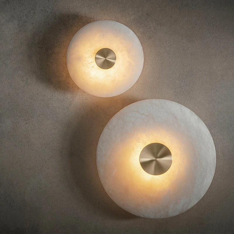 

Art Deco Round LED Wall Sconce Natural Marble Brass Parlor Aisle Corridor Wall Lights Atmosphere Decoration Lamp Drop Shipping