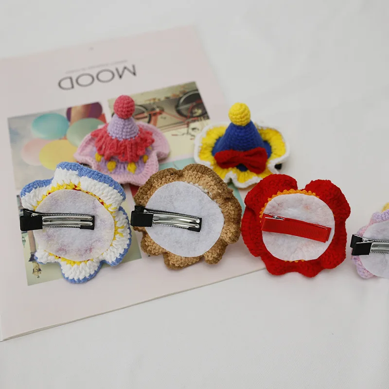 Handmade Boutique Crochet  Pompom Party Hat Hairpins Cartoon Barrettes Hair Clips For Baby Child