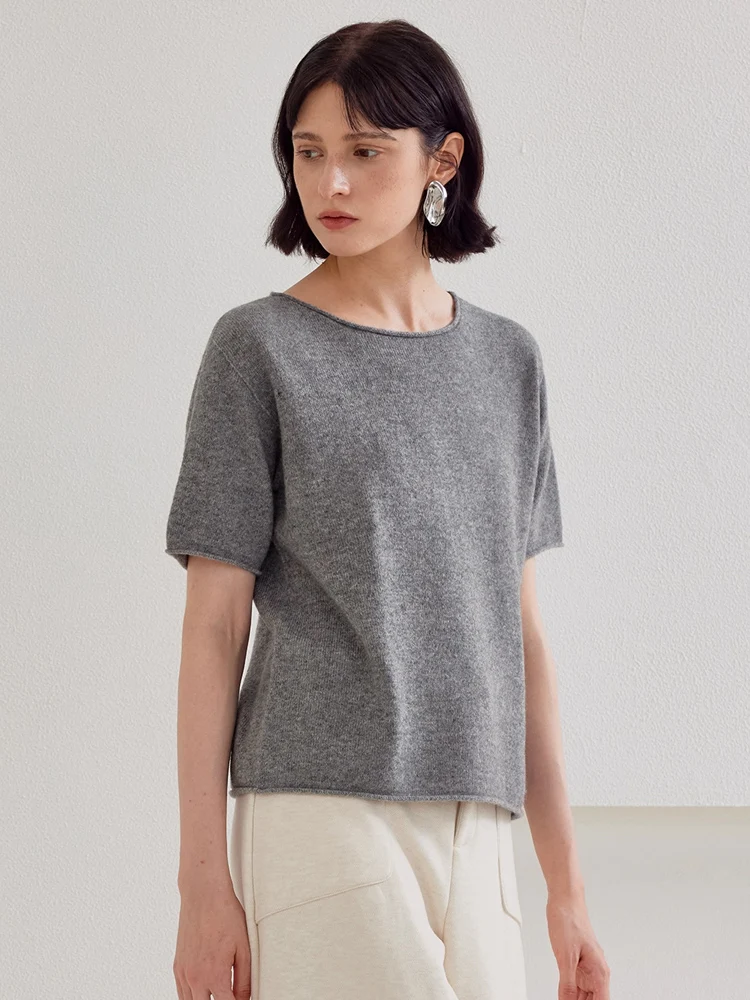 SuyaDream, Damenpullover, 100 % Schafwolle, kurzärmelig, weiche Pullover, 2025 Herbst-Winter-Solid-Chic-Top, Rosa, Grau, Rosa