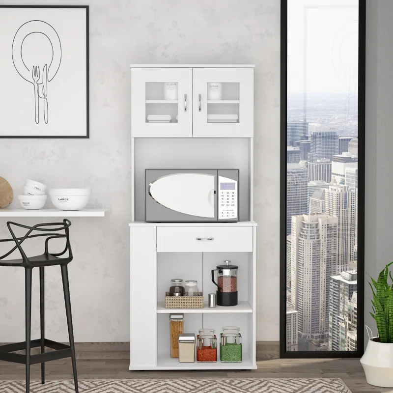 Poole Pantry Cabinet, Three Side Small Shelves, One Drawer, Double Door Cabinet, Four Adjustable Metal Legs