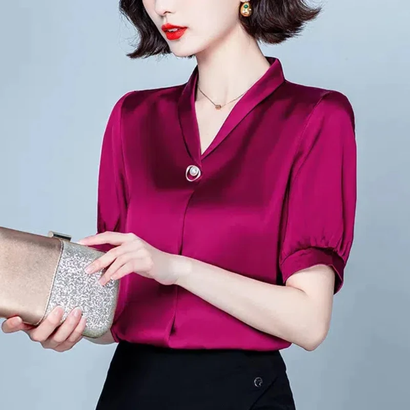 Summer Lantern Short sleeve  Women\'s Clothing Rivet V-Neck Solid Color Pullover Chiffon Comfortable T-shirt Elegant Trendy Tops