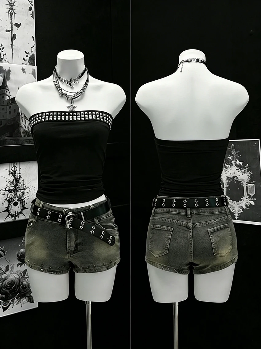 Fashion Simple Sexy Backless Personality Spicy Girl Women's Top Gothic Subculture Dark Retro Hot Stamping Diamond Strapless Vest
