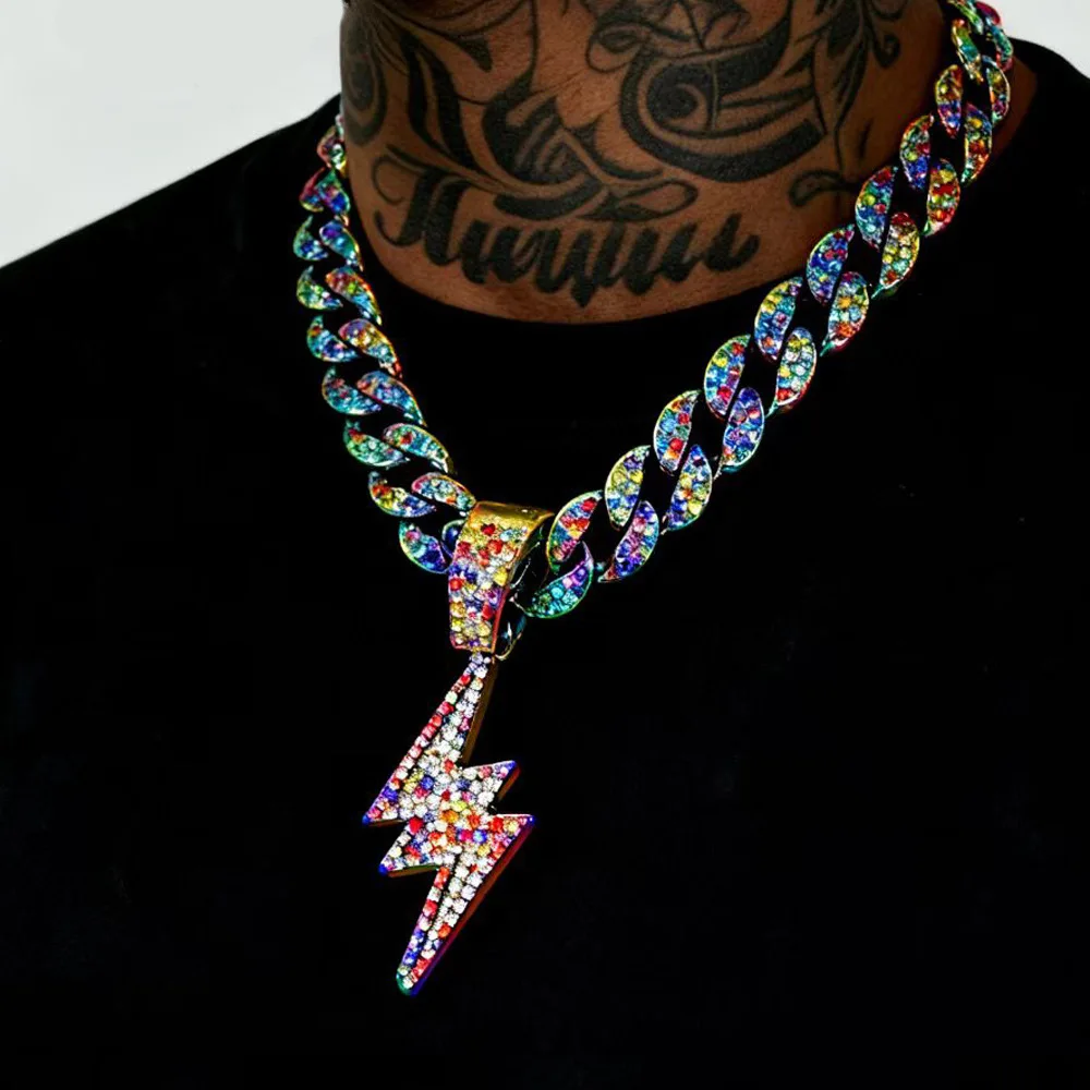 DIY accessories Design sense light luxury cool full diamond colorful lightning pendant necklace hip hop style hip hop rap wear m
