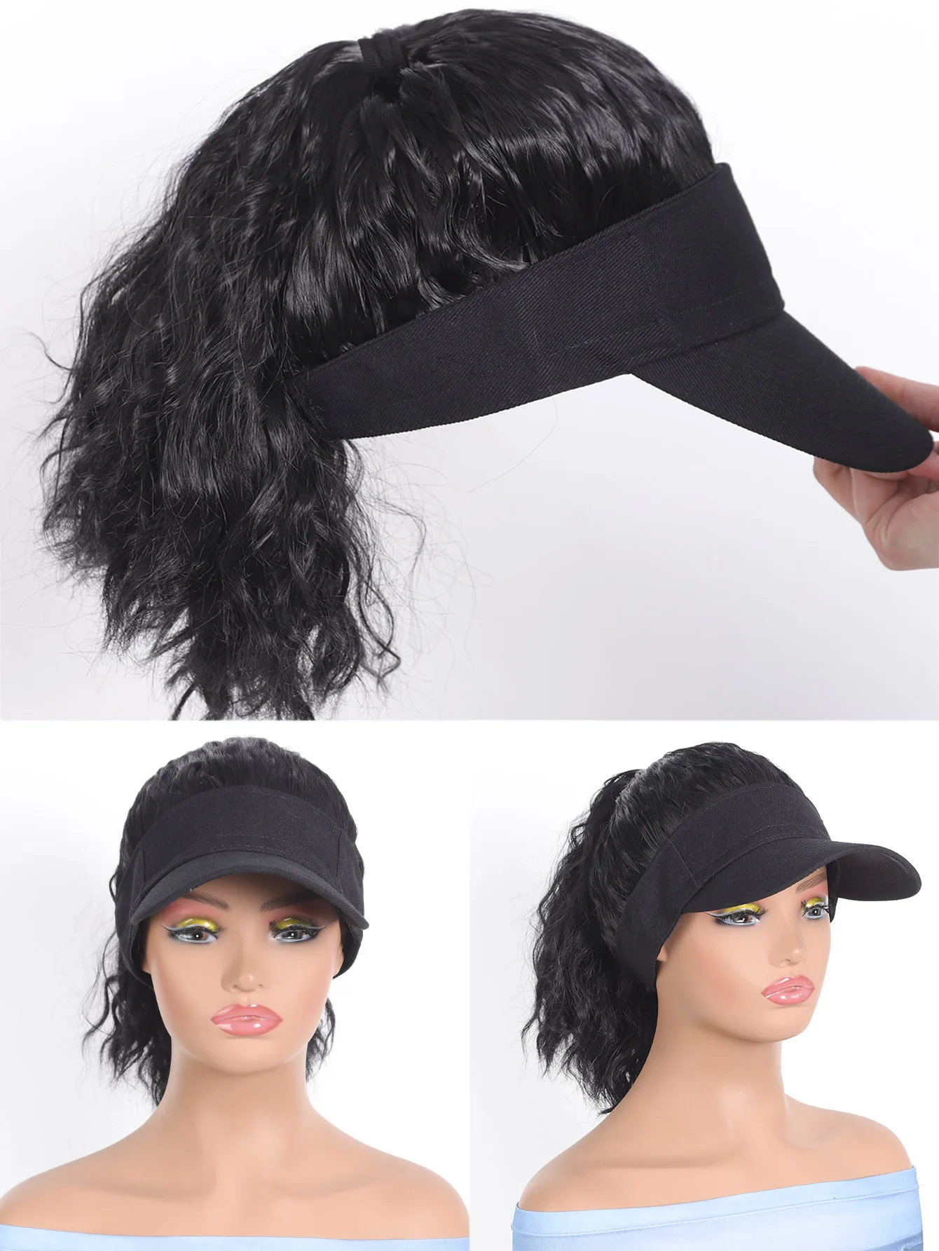 Synthetic Natural Curly Hair Ponytail Extension Wig Travel Beach Shade Black Baseball Cap All-in-one Easy to Wear Hat Wig