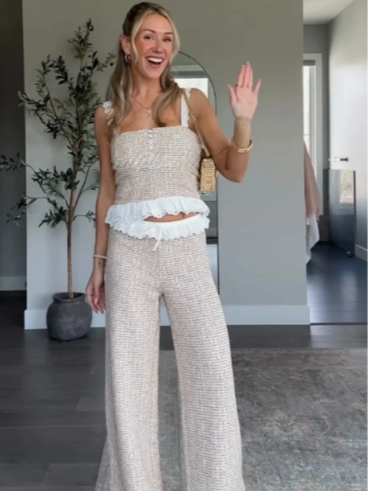 Elegantes Französisches Beige-Set Spitzen-Bustier-Top Gerade Hose Damen Schickes Date-Night Casual Street Outfit