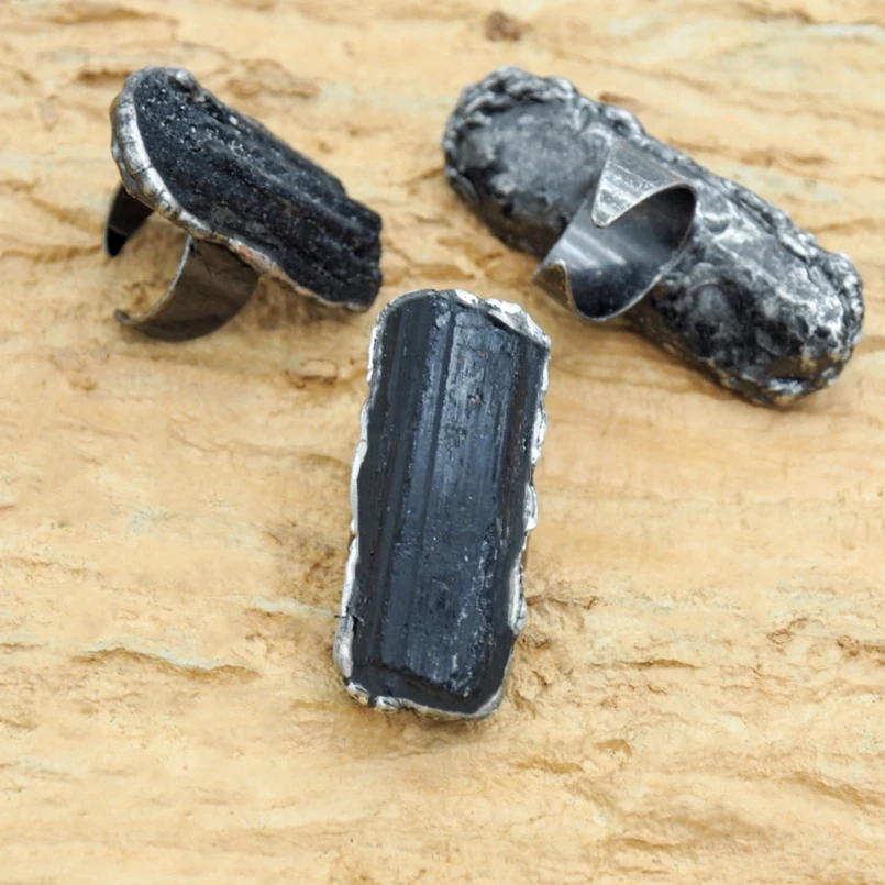 9pcs Mica Black Tourmaline Crystal Gemstone Ring Raw Schorl Adjustable Size 5 6 7 8 Goth Witch Boho Jewelry