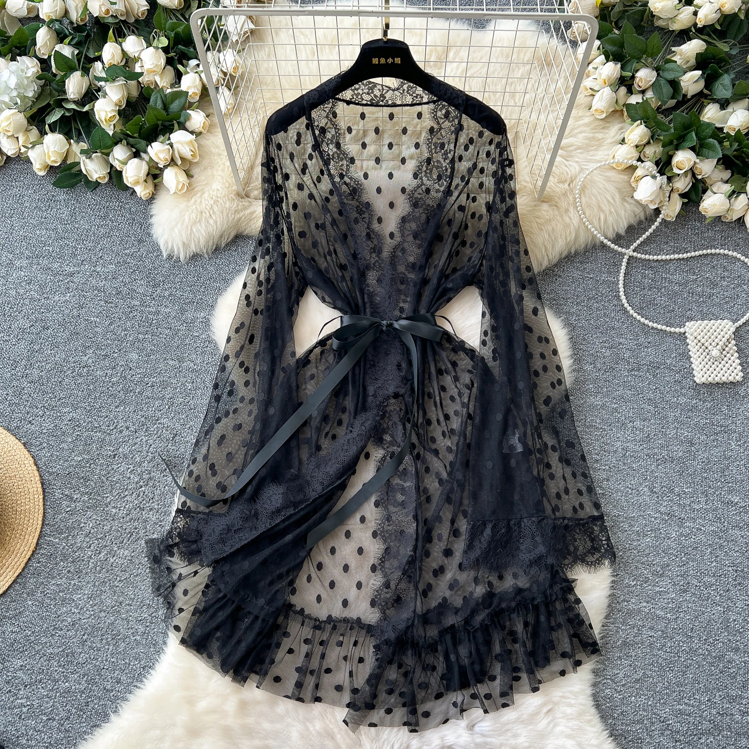 Feminino data noite romântico amor vestido sexi feminino malha preta pontos vestidos allure 3 pçs senhora sexy hotsweet noite fino vestido transparente