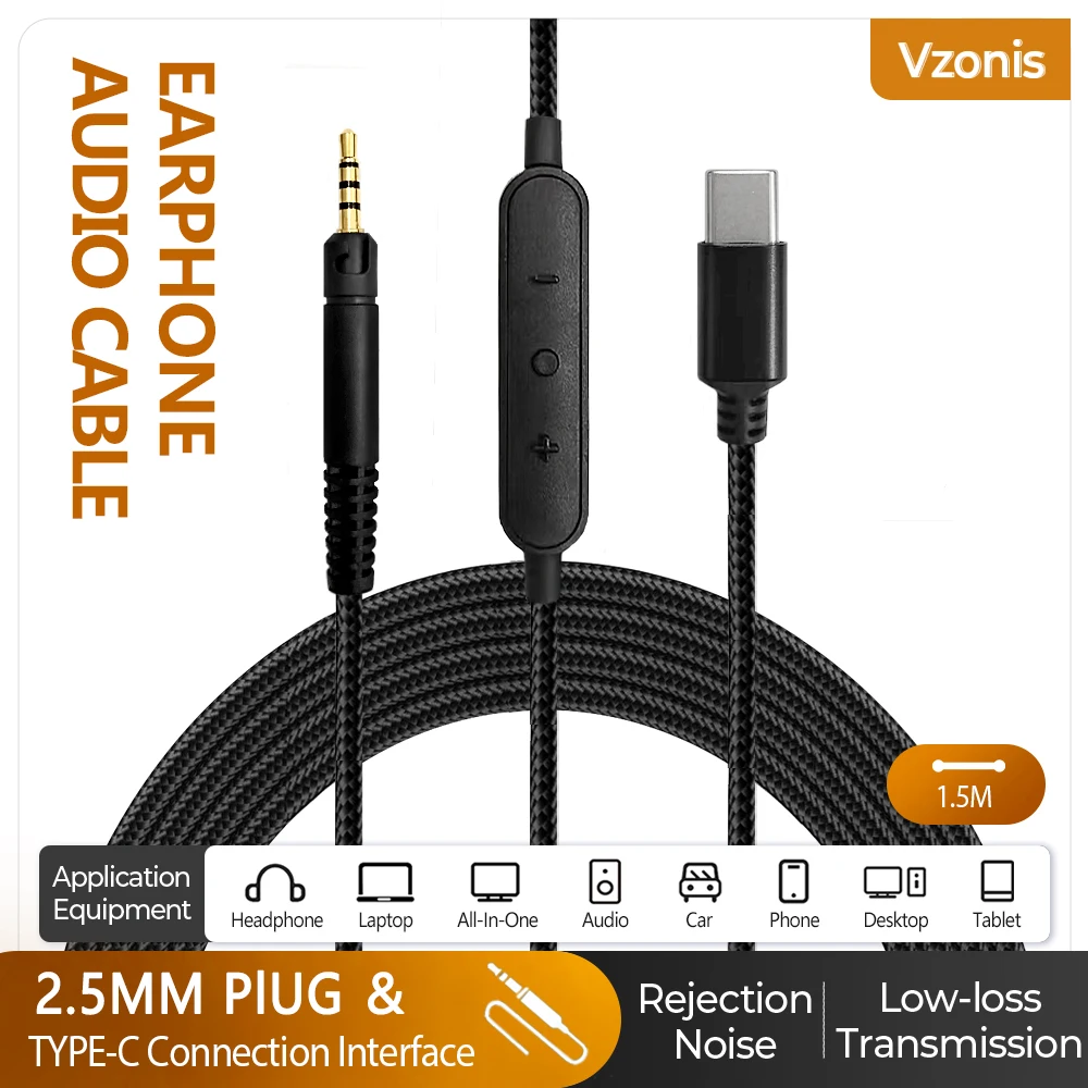 USB TYPE-C to 2.5mm Headphone Replacement Cable Inline Control Audio Line for SENNHEISER HD599 HD598 HD518 HD558 HD569 HD579