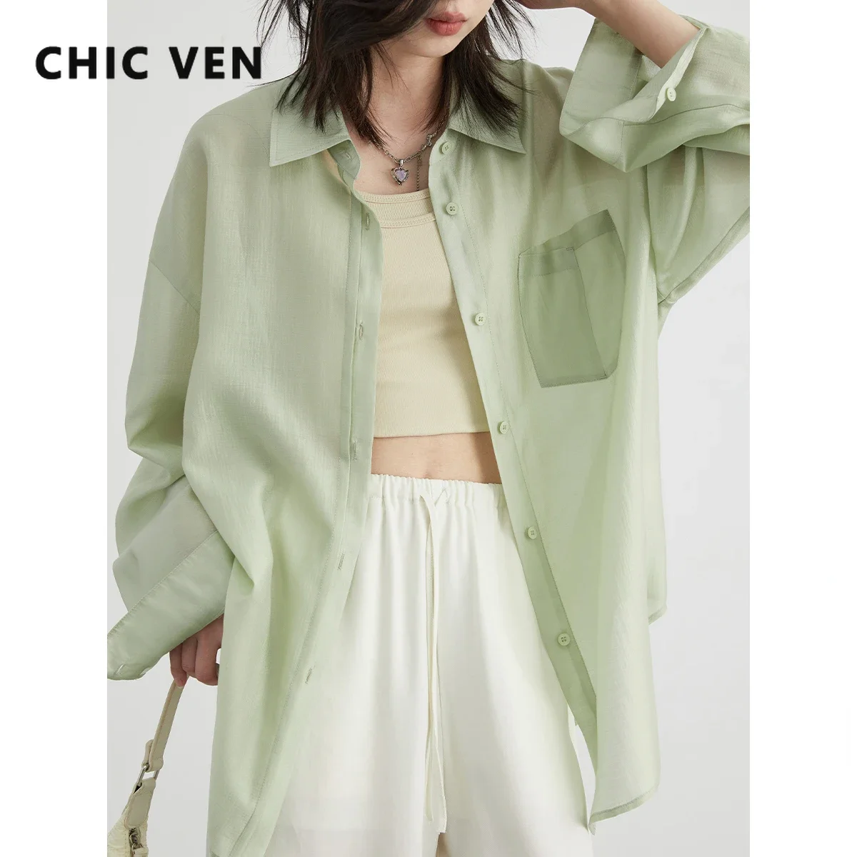 CHIC VEN Korean Women Shirt Tencel Lapel Light Thin Long Sleeved Blouses Loose Single Breasted Female Coat Summer 2024