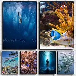 Deep Sea Underwater Fish Coral Reef Marine Organism Diver Poster Canvas Painting and Prints Wall Art Picture for Room Home Decor
