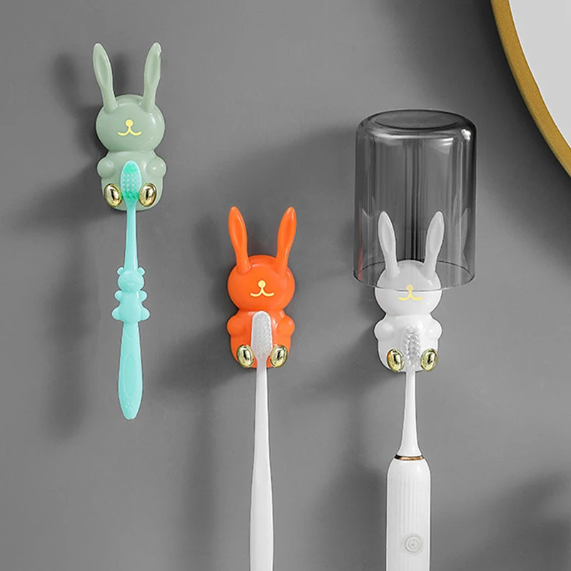 Cute Rabbit Toothbrush Holder Punch-free Toothbrush Shelving Strong Adhesive Wall Hook Multifunctional Power Plug Holder Hanger