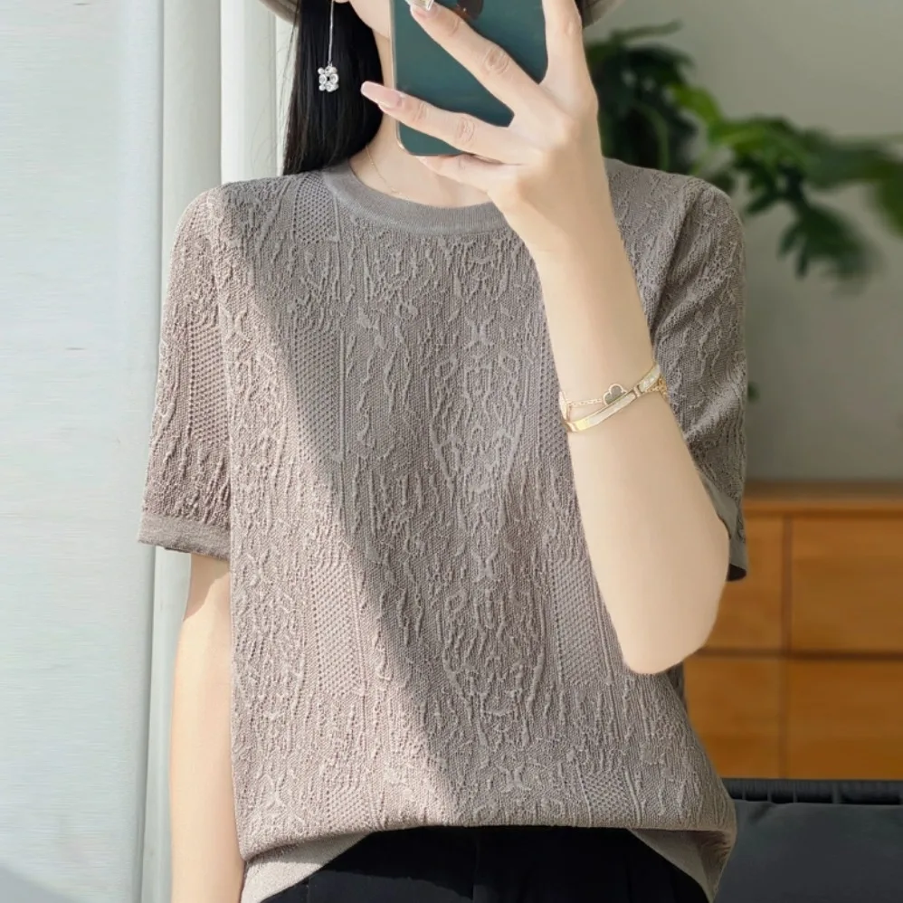 

Outlet Tailored round Ne Ice Silk Knitted ort Sve T irt Women Thin Summer Top Breathable Moisture ng Casual Wear