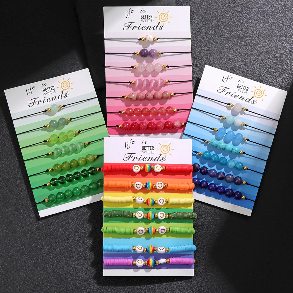 7pcs/set Rainbow Rope String Bracelet Set 7 Chakra Natural Stone Beads Bracelet Anklets For Women Men Beach Party Boho Jewelry