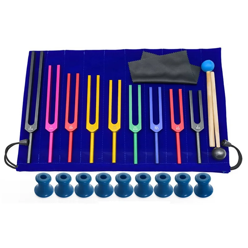 Hot New 9 Pieces of Colorful Solfeggio Aluminum Alloy Tuning Forks, Tuning Forks for Therapy, Voice Therapy Blue