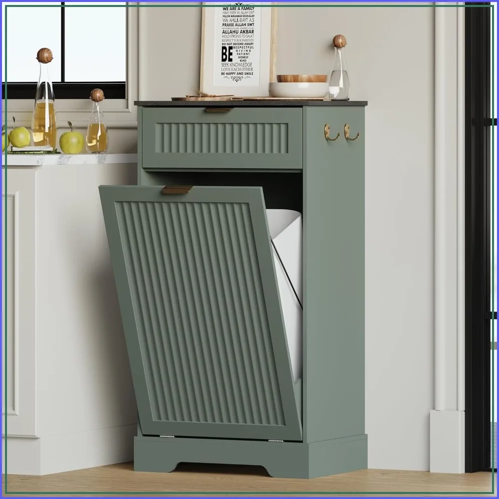13 Gallon Tilt Out Trash Can Cabinet, Fluted Green Kitchen Waste Cabinet
