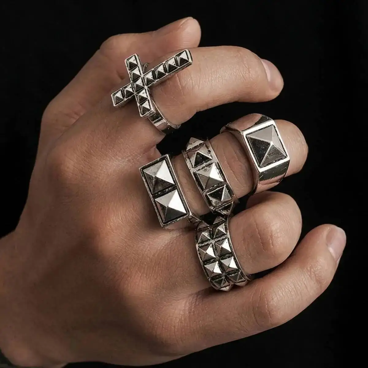 SHIXIN Vintage Gothic Cross Chunky Open Rings Men Punk Unique Creative Silver Color Rivets Stack Adjustable Knuckle Ring Jewelry