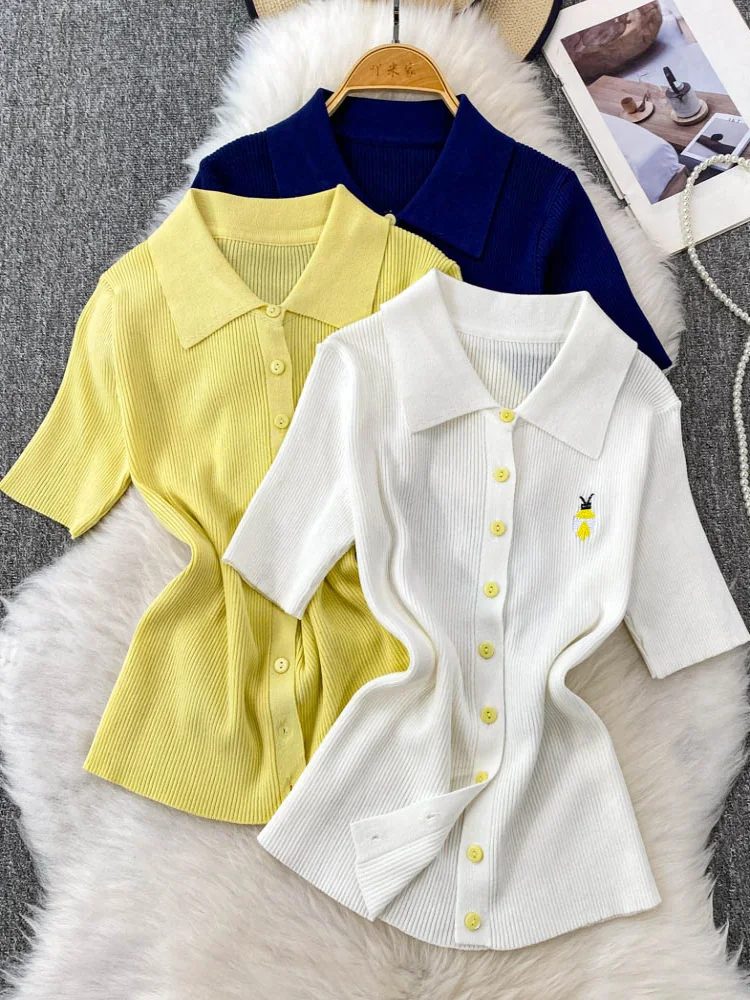 

Ele Embroidered Ne ort Sve Knitted T-irt Women's Summer Slim Fit Faionable Top Korean Sle Moisture ng