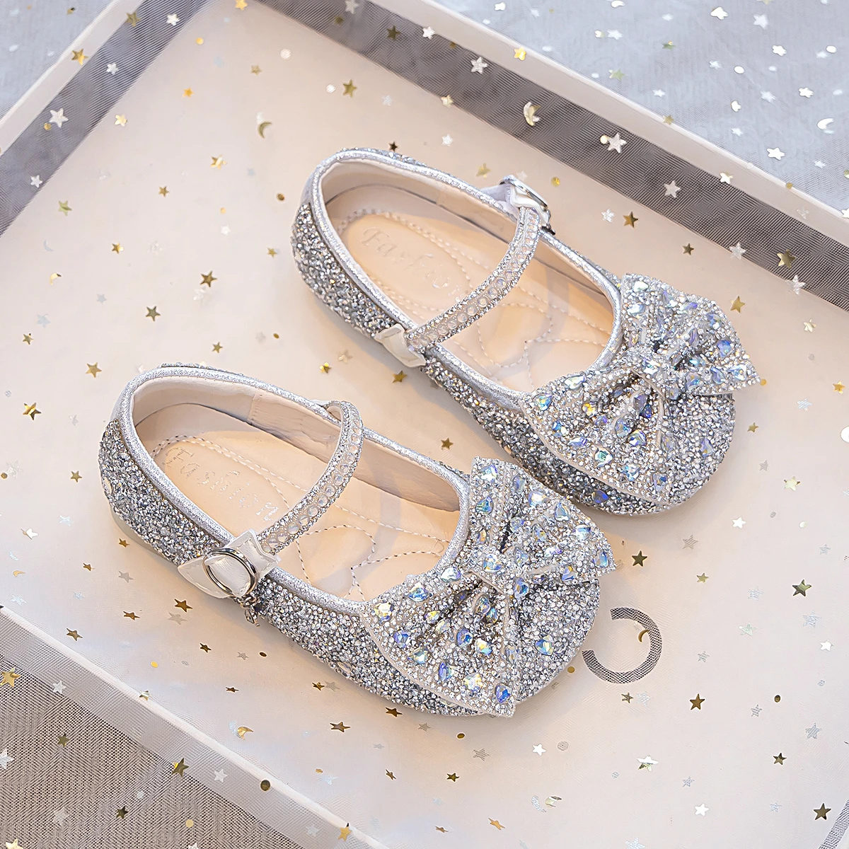 Toddler Girls Sparkly Rhinestone Princess Flat Shoes, Spring Autumn Bow Decor Glitter Dress Shoes, Party Wedding Birthday