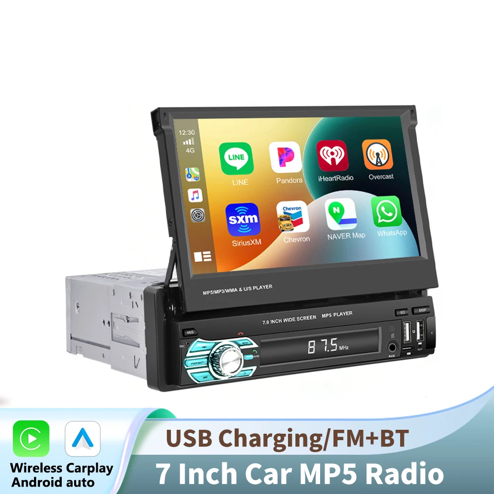 Podofo 1Din 7 inch autoradio MP5 met automatisch intrekbaar scherm, multimedia speler, draadloze Carplay, Android Auto, FM, AUX-ingang, BT radio