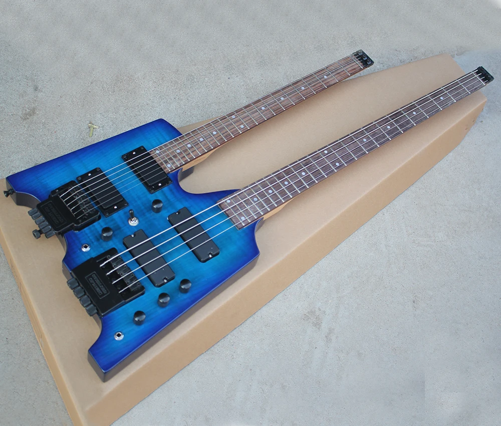 

6+4 Strings Blue Headless Double Necks Electric Guitar with Flame Maple Veneer,Rosewood Fretboard,24 Frets